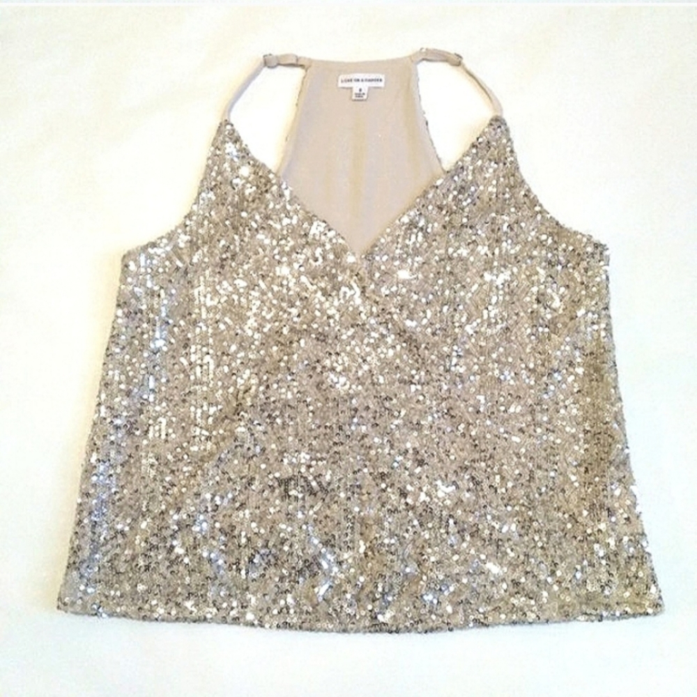 New Love On A Hanger Sequin Wrap Racerback Party Disco Top Sx M silver